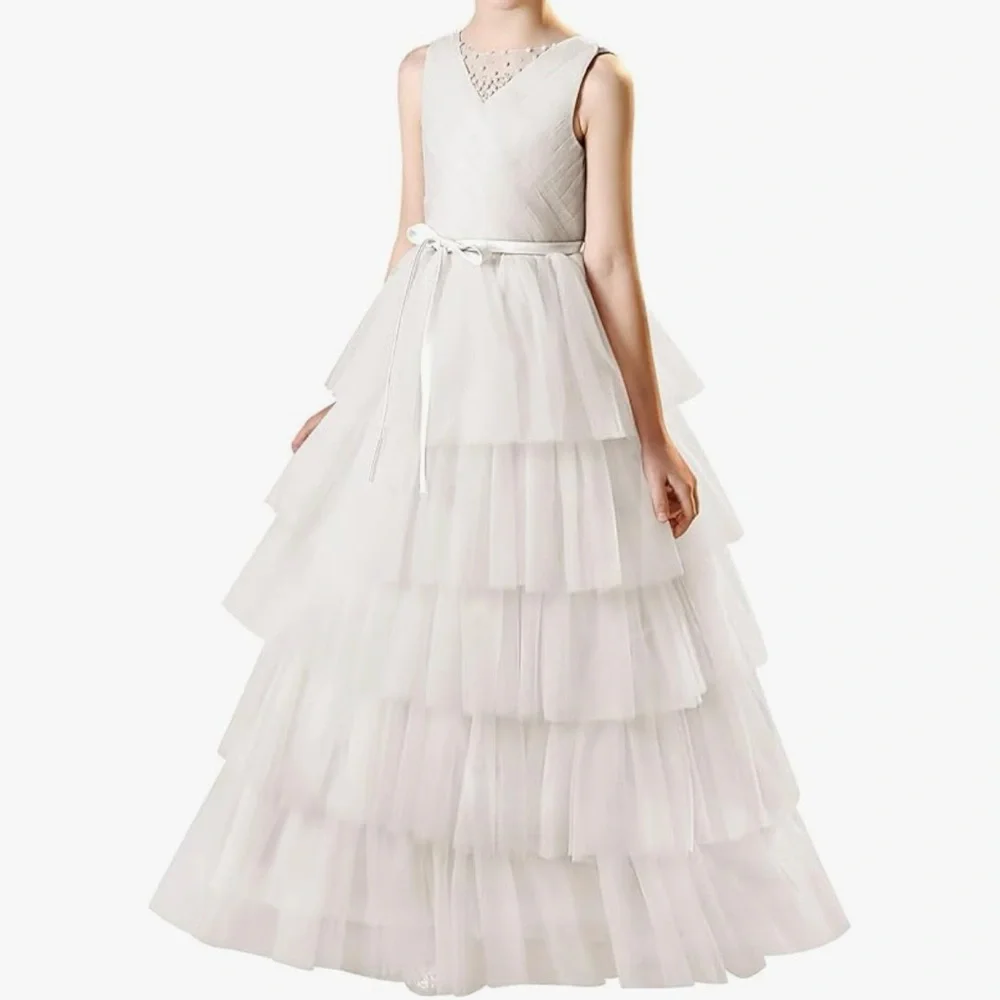 NWT Layered Tulle Flower Girl Dress with Belt Size 6 Ivory